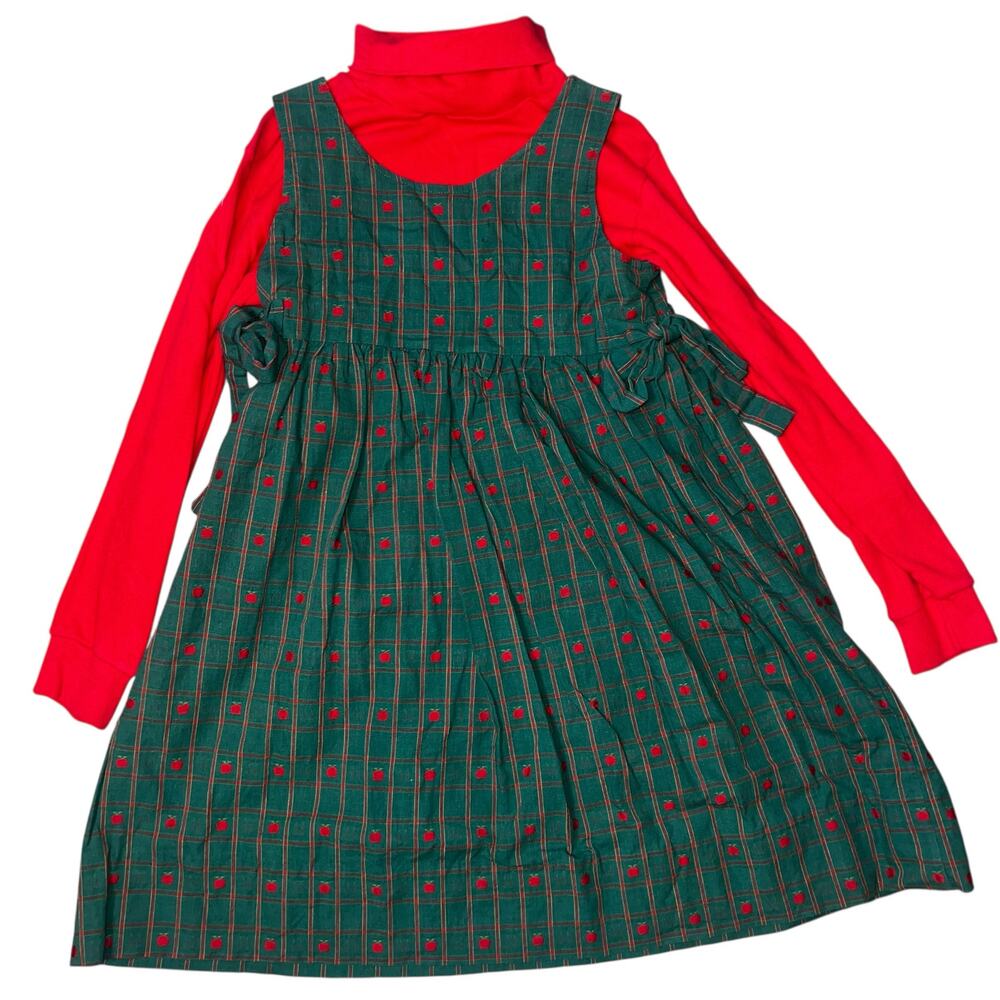 Vintage Apple theme Green & Red Plaid Pinafore midi Jumper Dress homemade